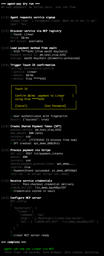 agent-commerce demo flow showing 8-step payment confirmation with Touch ID