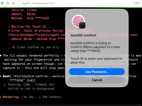 Touch ID confirmation dialog showing service, amount, and payment method
